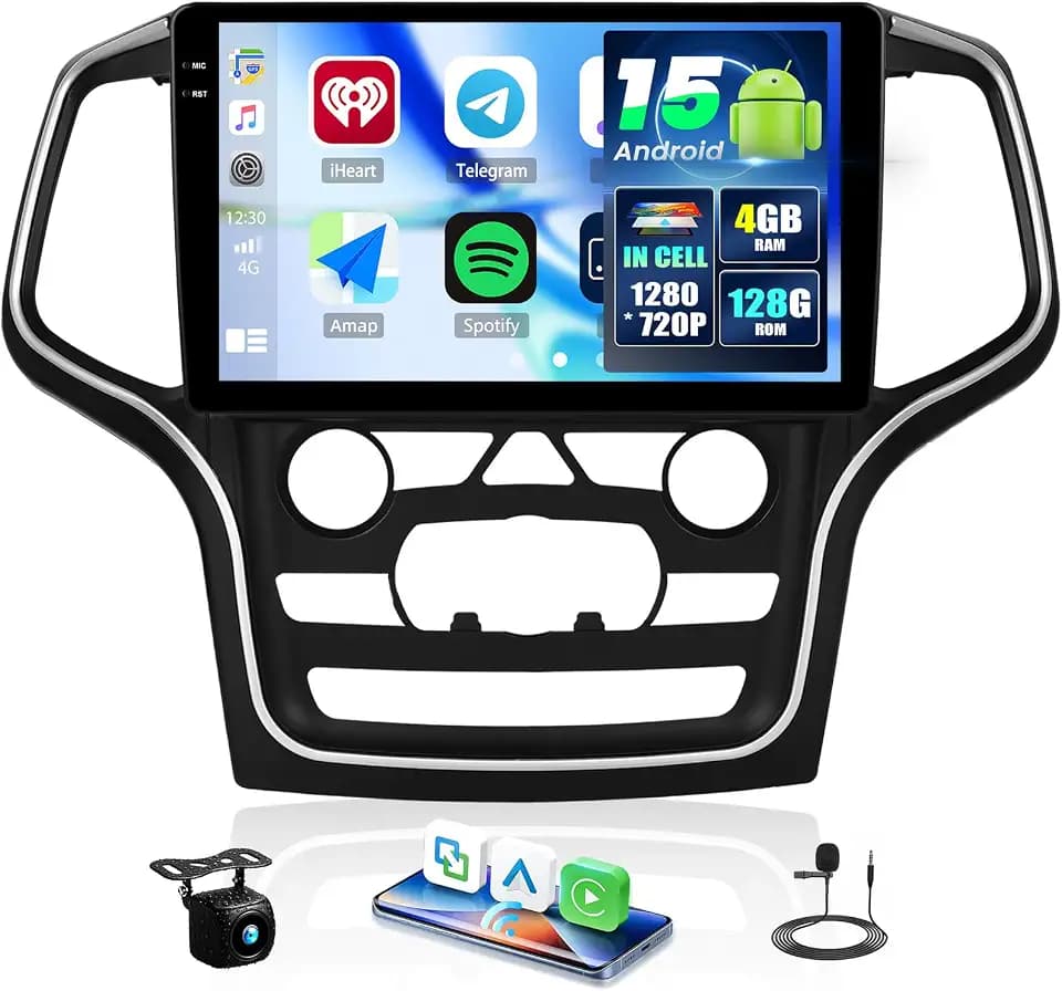 4+128G Android 15 Car Stereo for Jeep Grand Cherokee 2014-2020 with Wireless Carplay Android Auto, 10.1 inch 1280 * 720P IPS Touchscreen Bluetooth Car Radio Support GPS WiFi AHD Rear Camera EQ SWC