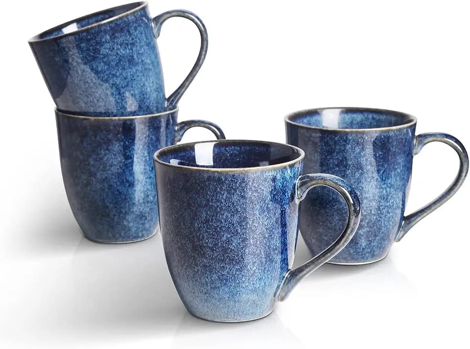 vicrays kaffeebecher porzellan 4er Set, 350 ml Becher mit henkel für Heißgetränke, Porzellan-Tasse für Spülmaschine & Mikrowelle geeignet (Blau)