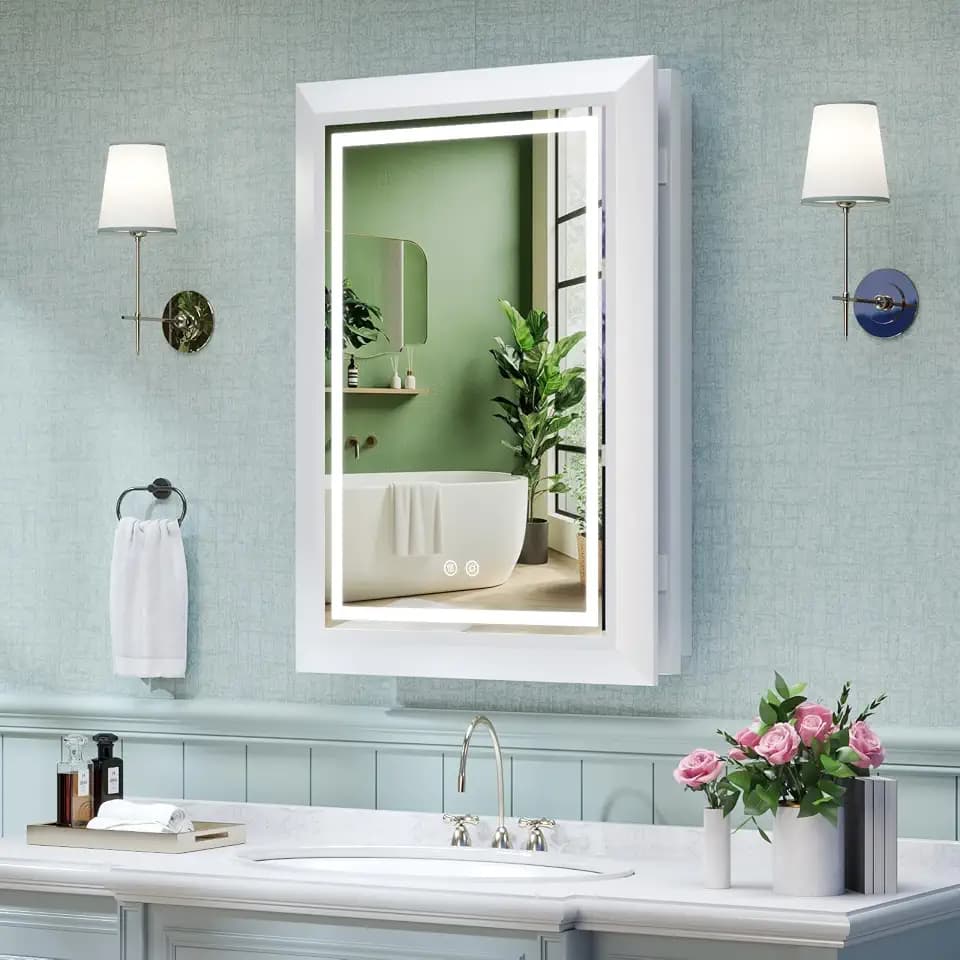 20"x28" White Medicine Cabinet with Lights, Bathroom Mirror with Storage, Dimming 3 Lighting Colors, Fast Defogging, Sturdy and detachable 3 Metal Shelves, Full Metal Cabinet with Same Size as Mirror