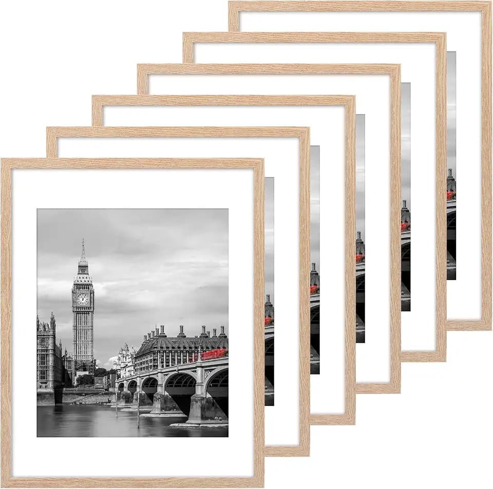 Fixwal 11x14 Picture Frame Set of 6, 8.5x11 with Mat, Wall Mount, Natural