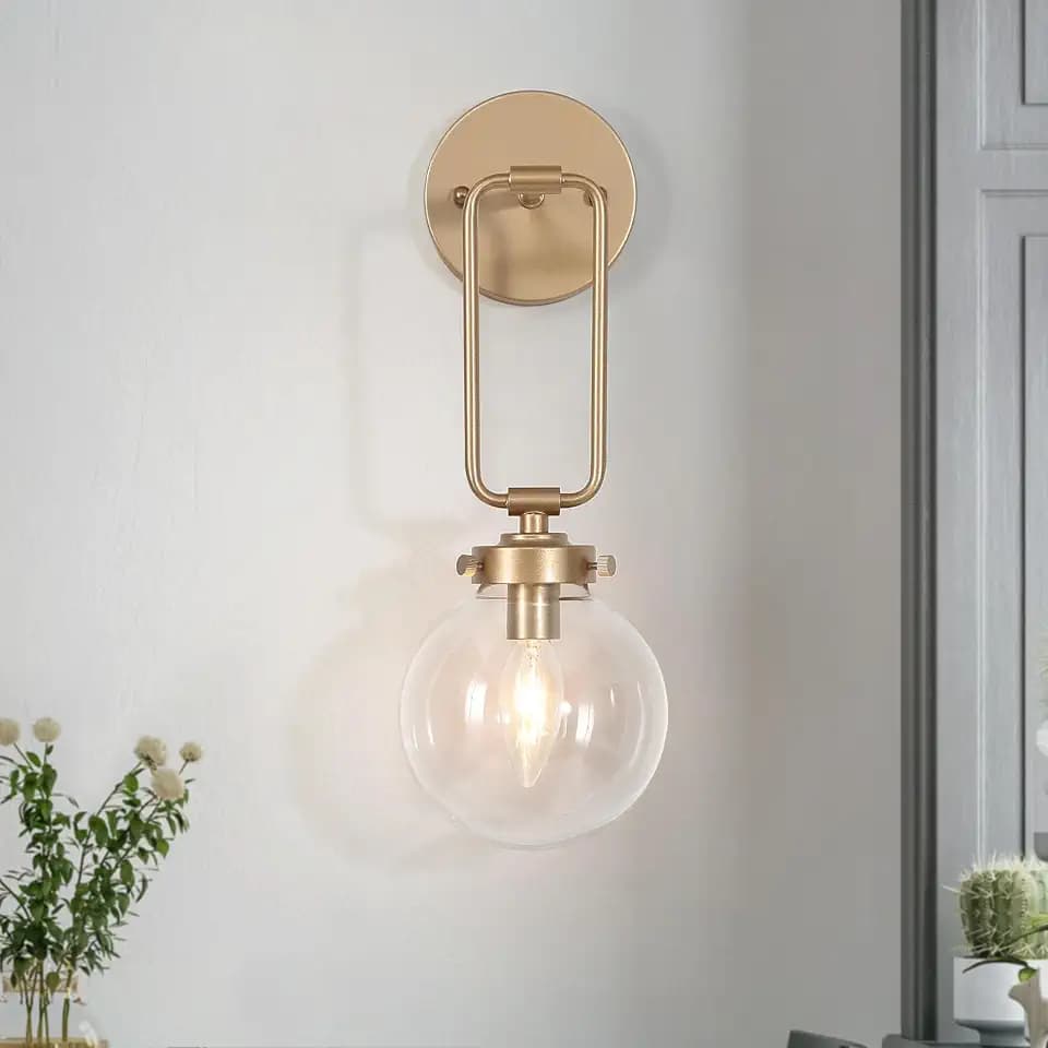 KSANA Modern Gold Wall Sconce, 1-Light Sconce Wall Lighting with Globe Glass Shade Bedside Mounted Lamps Hardwired for Bathroom Hallway Entryway, 14.5" H