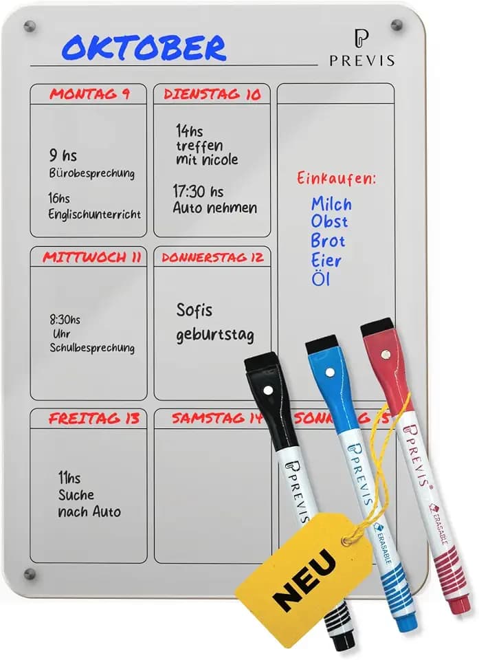 Previs Wochenplaner Abwischbar Acryl Magnetisch für Kühlschrank A4 mit 3 Boardmarkern - Weekly Planner Kühlschrank Acryl - Magnetic Calendar for Fridge Transparent - Familienplaner Abwischbar