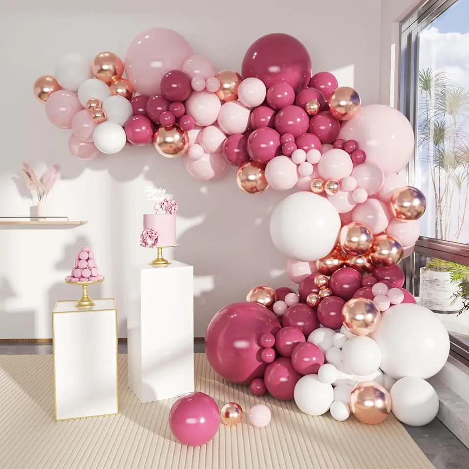Dusty Hot Pink White Gold Balloon Garland Arch Kit, 146Pcs Retro Hot Pastel Pink Champagne Gold Sand White Latex Balloons Different Sizes for Wedding, Birthday, Graduation Party Decorations