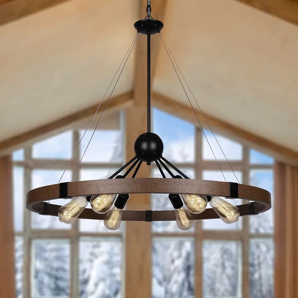 Klgxnrd 31.5'' Farmhouse Chandeliers for Dining Room, Rustic Wagon Wheel Chandelier for Entryway, Sputnik Light Fixture for Breakfast Area Stairwell Bedroom Foyer, Vintage Rust and Black Finishe