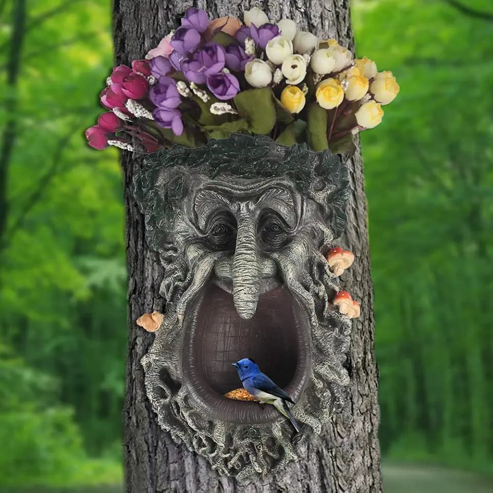 Bird Feeder Tree Faces Decor Outdoor, Whimsical Old Man Tree Hugger Statues, Also Can Be Use Flower Pot for Garden Yard Art Tree Decoration