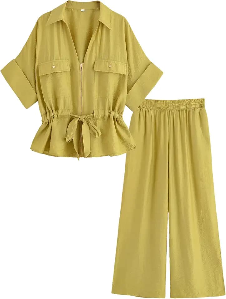 Mingzhu Women's 2 Piece Linen Outfits Summer Lounge Set With Pockets
