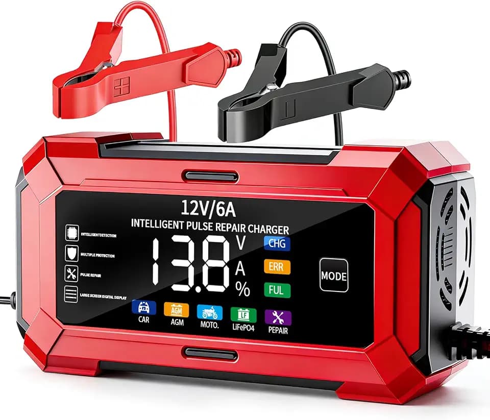 12V Smart Car Battery Charger with LCD Display, Automatic Trickle Charger, Jump Starter Red, Multiple Protection, Pulse Repair Technology, Compatible with 1100/ABS/APRC/RSV4 Models