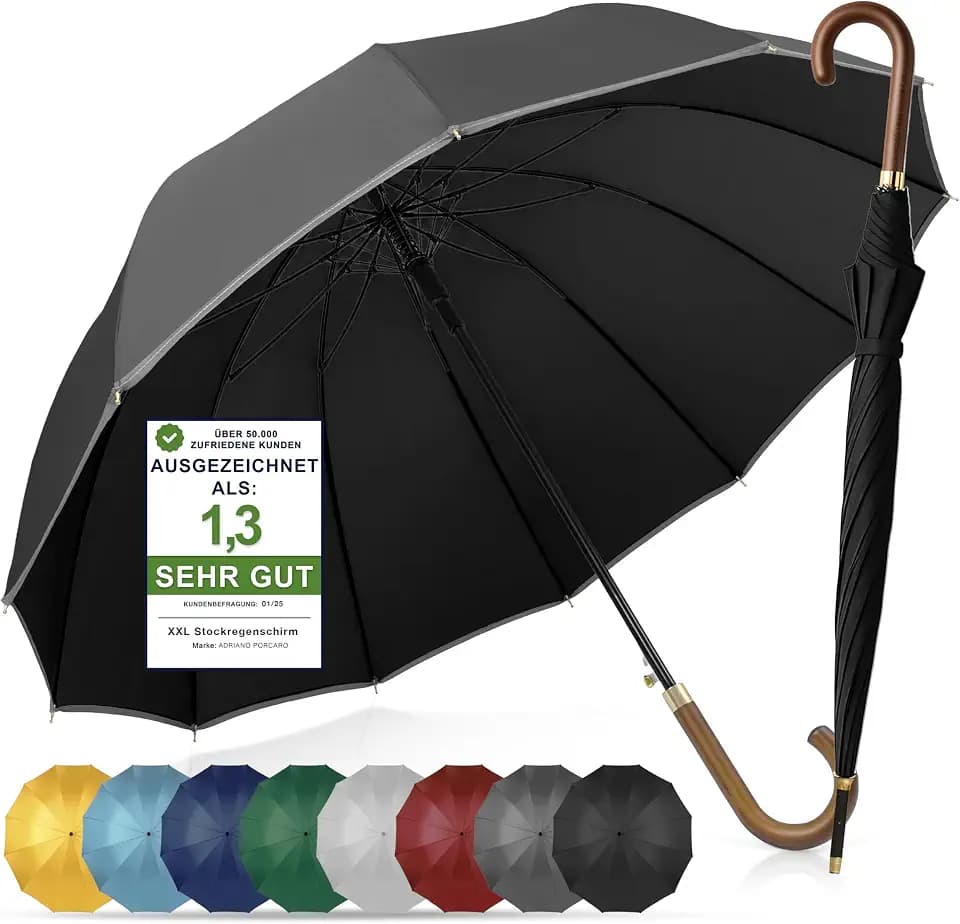 Regenschirm Sturmfest I Ø120cm Schirm I Regenschirm Groß XXL mit Reflektierendem Rand I 12 Streben Stockschirm I inkl. Schirmhülle - Für Herren & Damen I Schwarz