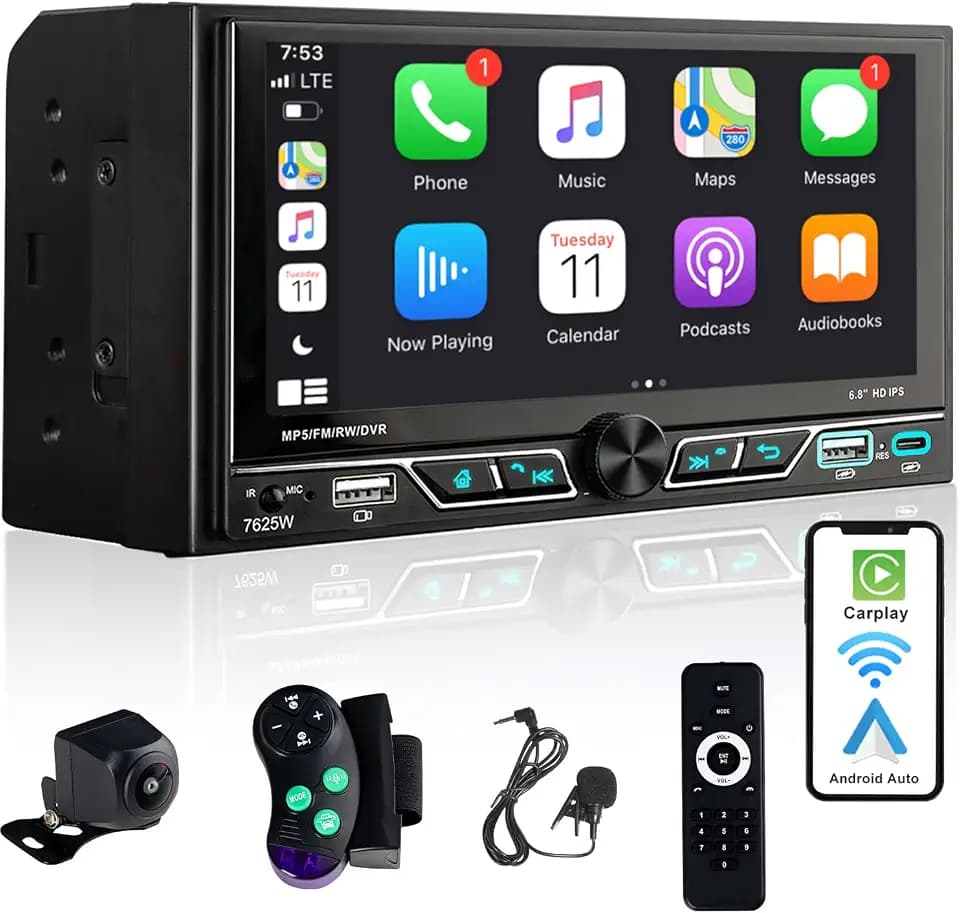Autoradio 2Din mit 6.8 Zoll Bildschirm, Kompatibel mit [Wireless] Apple CarPlay/Android Auto Bluetooth Typ-C USB 2,1A Schnellladung Rückfahrkamera AM/FM/RDS Radio DSP