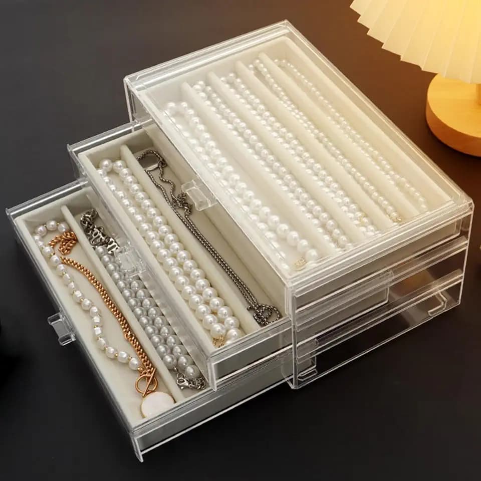 Halskette Aufbewahrungsbox, Acryl Halskette Veranstalter Box mit Samt Tablett, staubdicht Halsketten Halter Display Case für Frauen und Mädchen (Beige, 3 Drawers)