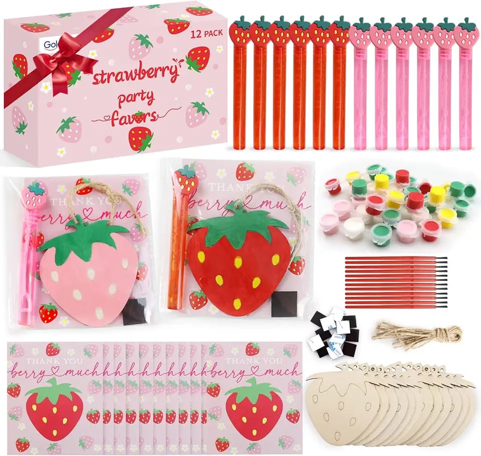 goldentime Strawberry Party Favors Kit - 12 Pack Wooden Painting Crafts with Bubbles, Cards, and Magnets for Strawberry Shortcake Party Decorations and Centerpieces