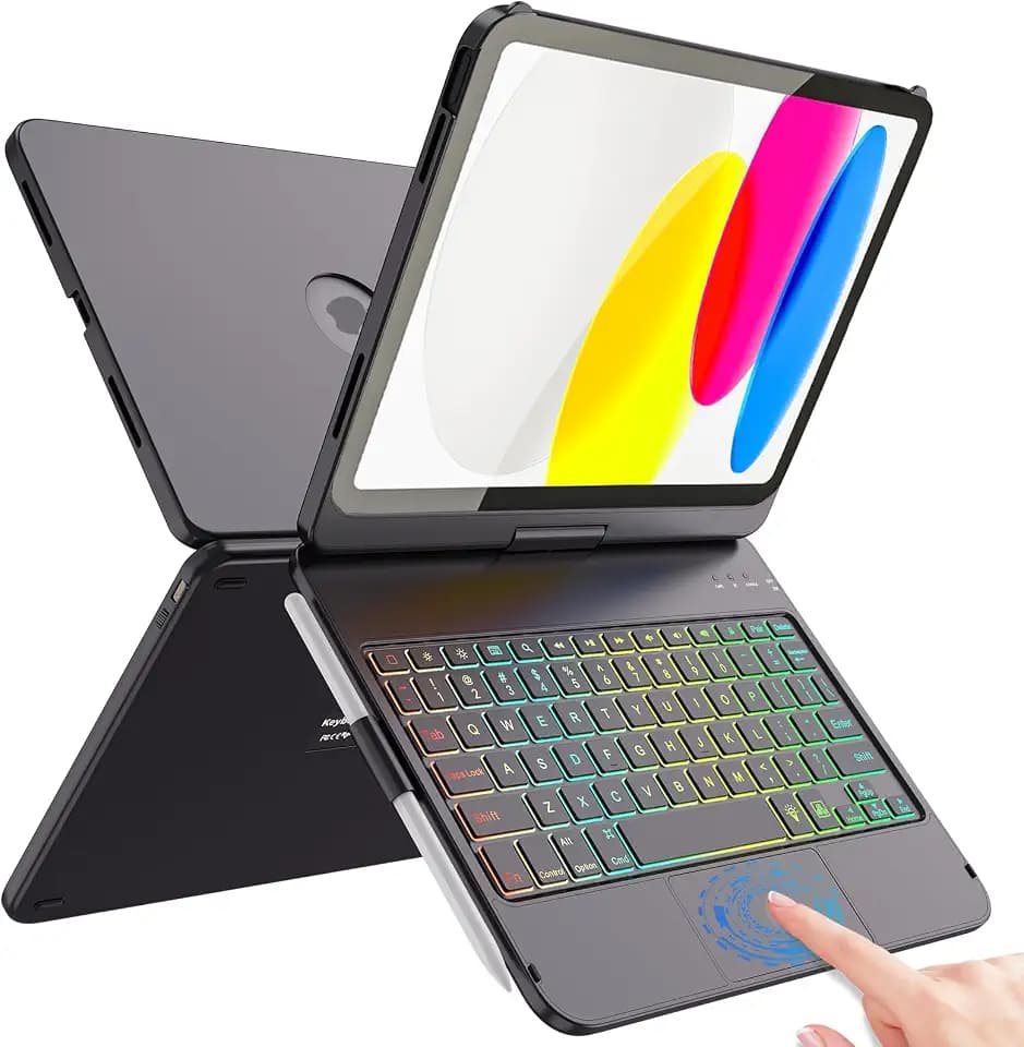 FUWANG Touch Keyboard Case for iPad A16 11th/10th Gen, 360° Rotating, Black