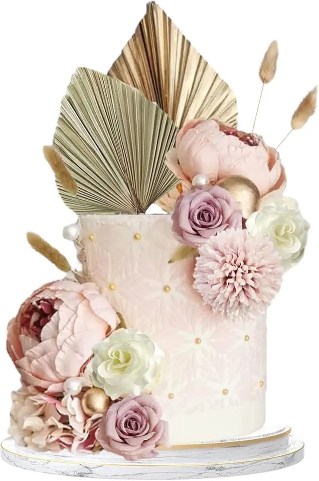 29 Stück Boho Tortendeko Dekoration Mädchen,Kuchen Deko Set,Tortenaufsatz Dekoration mit Blumen,Palmenblätter,Hundeschwanzgras,Weiße Kugel UndGoldenen Kugeln für Geburtstag,Hochzeit,Babyparty