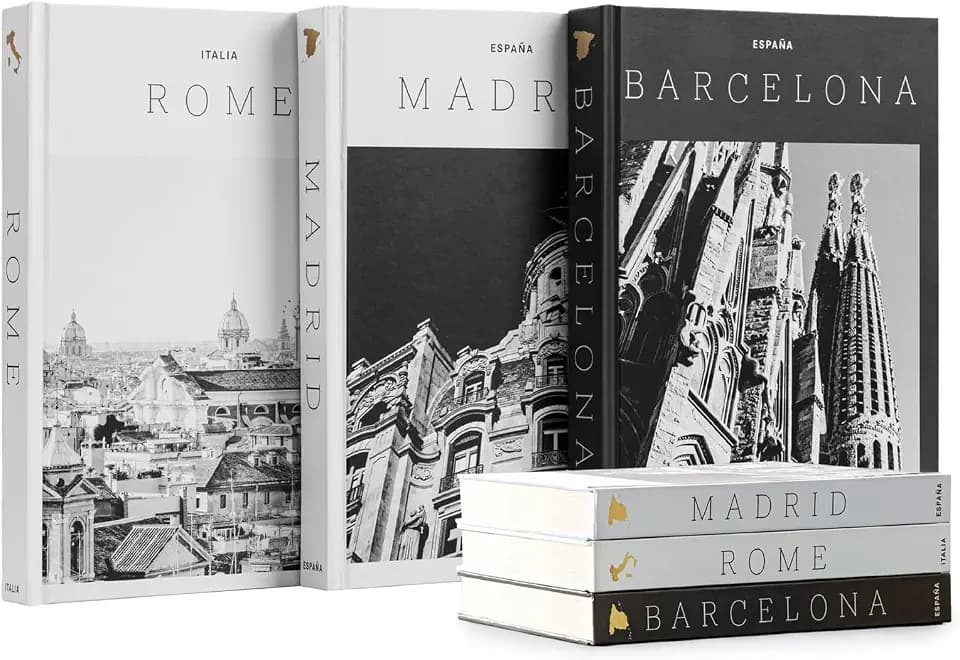 Maplefield Set of 3 XL Decorative Blank Hardcover Books for Decoration - Great for Tabletops, Coffee Tables, & Bookshelves - City Theme Minimalist Home Decor - Madrid, Rome, Barcelona