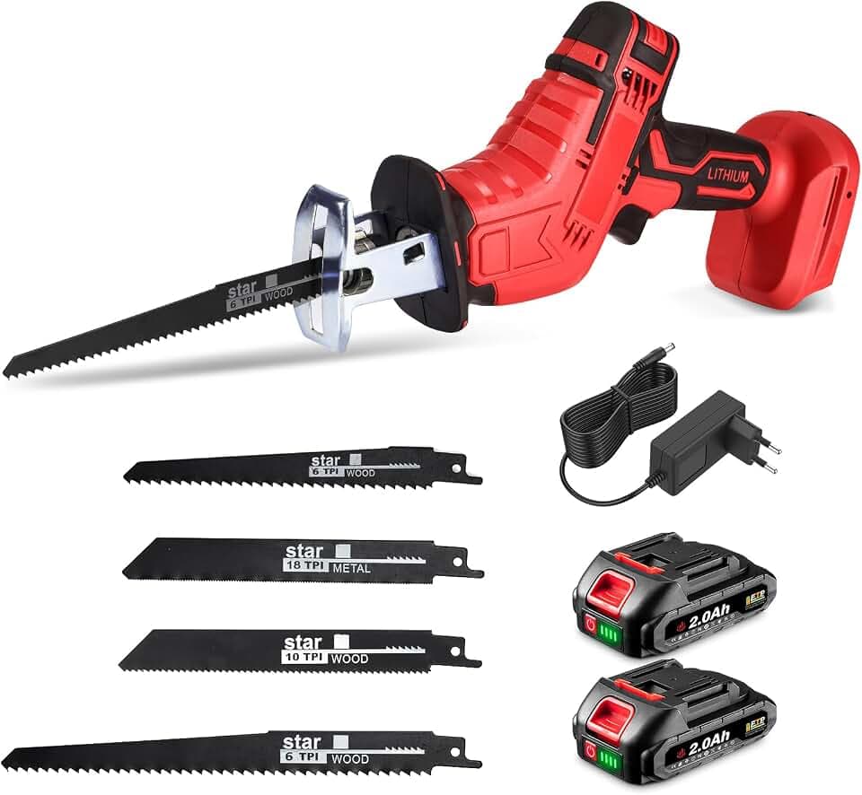 ONEVAN Akku Säbelsäge, 3100 SPM Fuchsschwanz Säge Elektrisch Reciprosäge mit 2 2.0Ah Akkus und 4 Sägeblätter, Strichlänge 22mm, Akku Tigersäge für Holz, Kunststoff, Metall