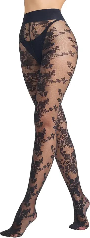 LABELLA Mesh Floral Patterned Sheer Pantyhose for Women