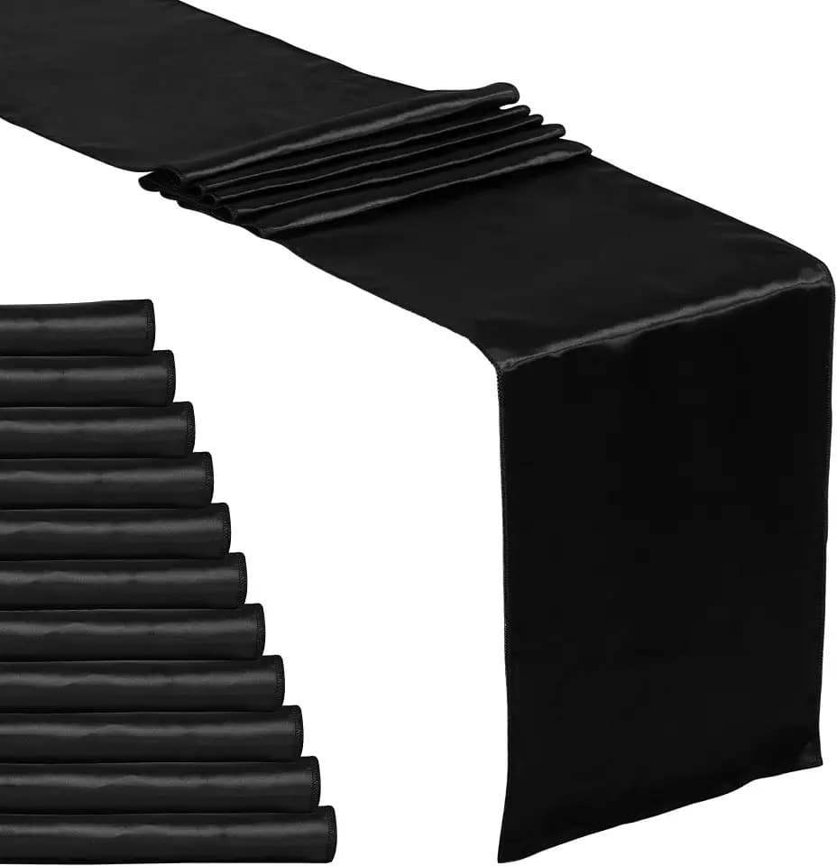 12 Pack Black Satin Table Runner 12 x 108 Inches Long, Bright Satin Silky Smooth Table Decor for Birthday Party Decorations Wedding Banquets