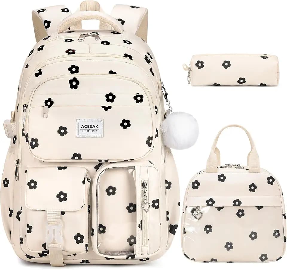 ACESAK Backpack for Girls with Lunch Box Pencil Case (Beige Flower)