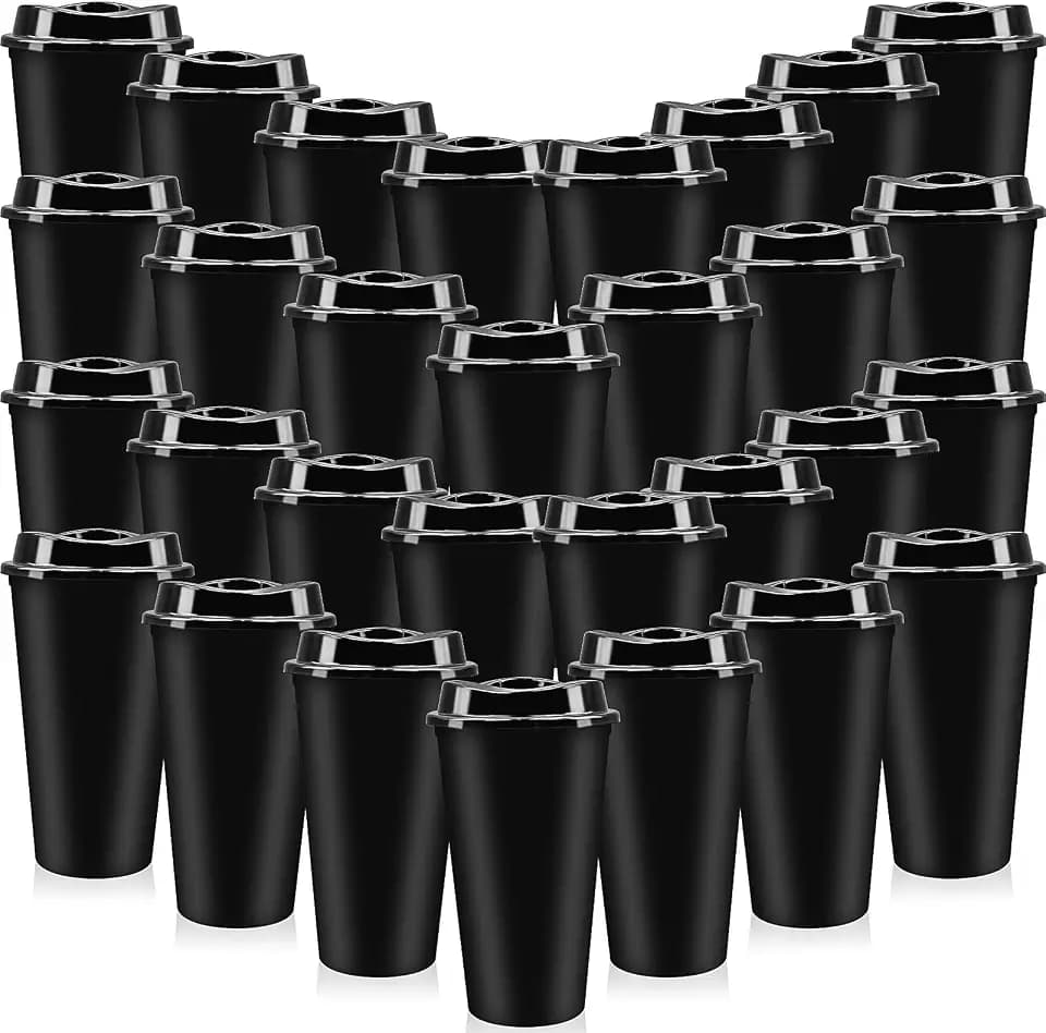 30 Stück 470ml Plastik Kaffeebecher mit Deckel, Wiederverwendbare Kaffeebecher to go, Plastikbecher Mehrweg Becher für Reisen Geburtstage Party Picknick Camping, Schwarz