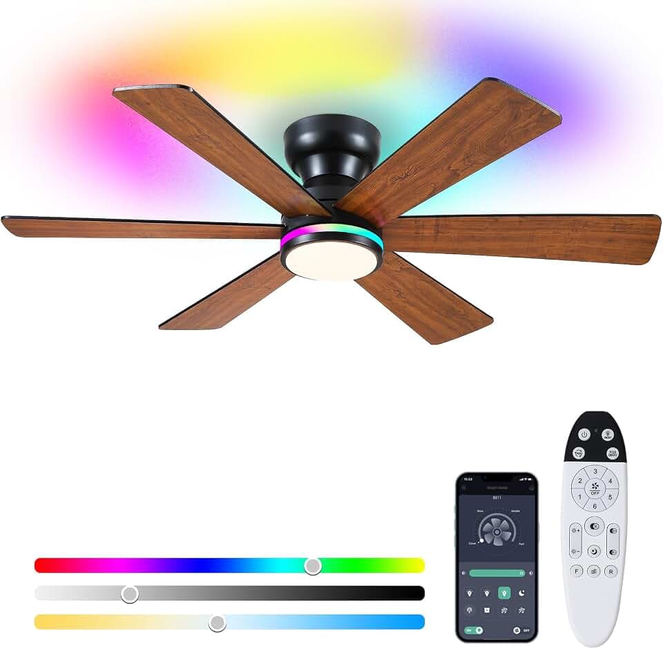 46" 6-Blade Brown Low Profile RGB Ceiling Fan with Light and Remote/APP