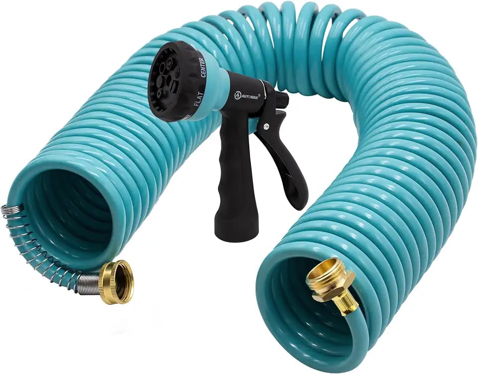 AUTOMAN Coil Garden Hose 50 ft, EVA Curly Water Hose with Brass Connectors, Recoil Garden Water Hose,Includes 7-Pattern Function Sprayer,Retractable,Corrosion Resistant Garden Coil Hose.