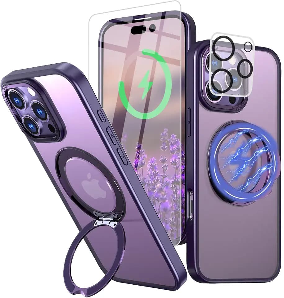 for iPhone 16 Pro Max Case with Screen Protector & Lens Protector [15 FT Military Drop Protection] Magnetic Kickstand Compatible with MagSafe Slim Translucent Case (Deep Purple)