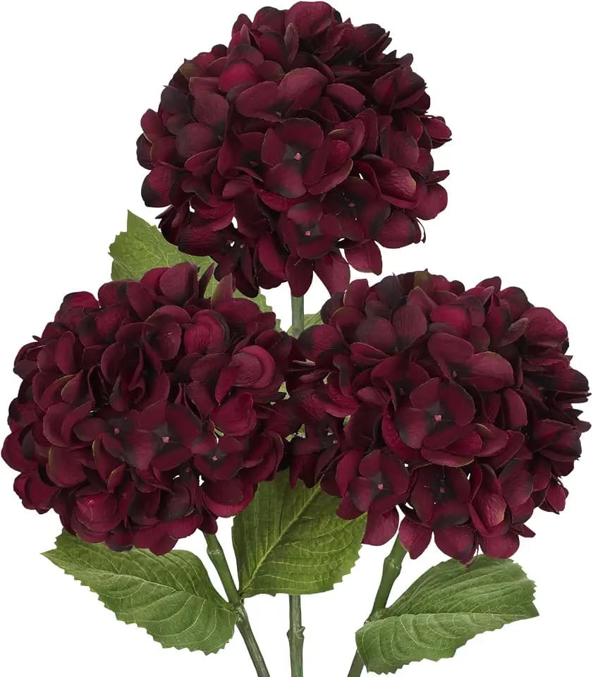 Hollyone 3er Set Hortensie Kunstblumen Rot, Ø 17cm Hortensienblüten Künstlich Seidenblumen Wie Echt Hortensien Deko Blumen für Hochzeit, Haus, Büro, Mittelstücke, Blumenarrangements