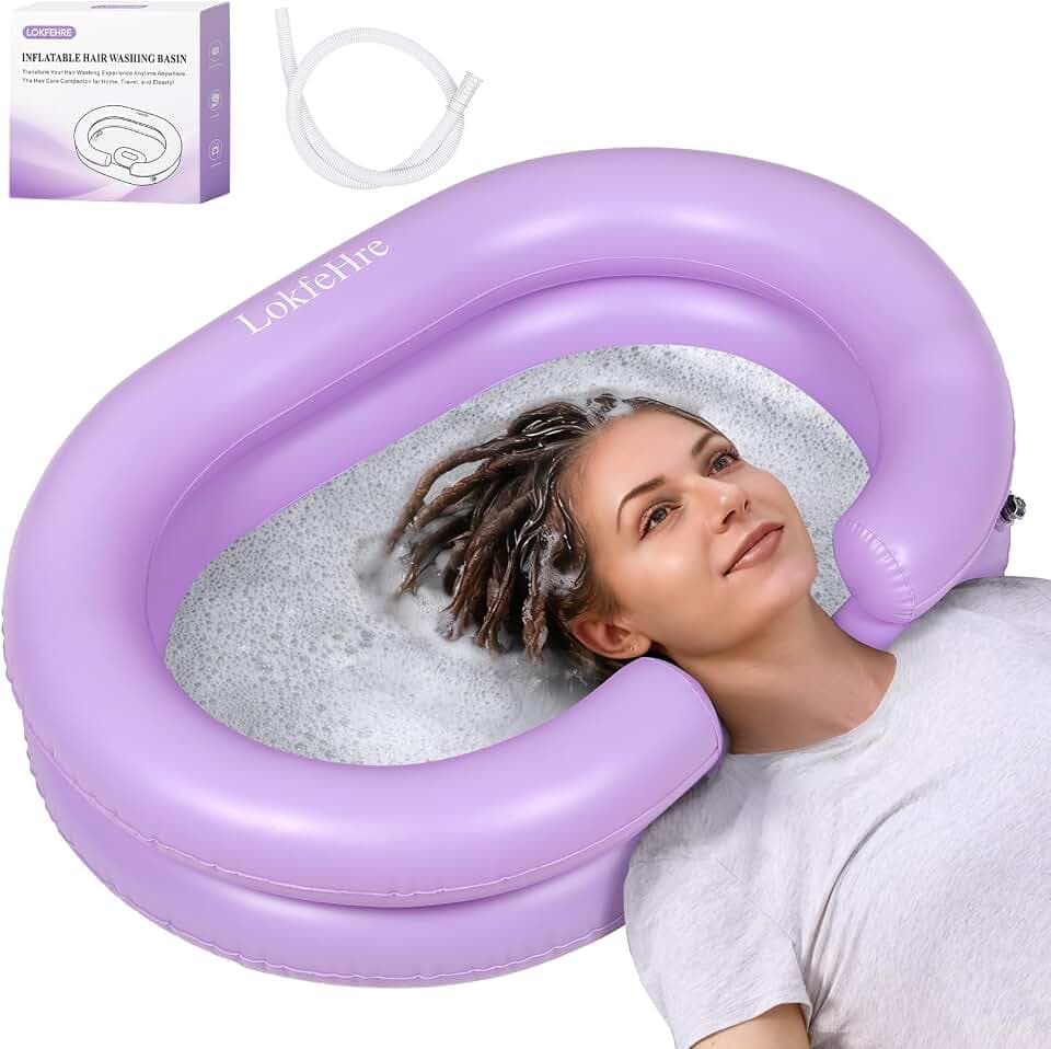 Purple 23in Larger Inflatable Shampoo Basin, Upgraded Quick Drainage Ergonomic Wide Neck Hair Washing Bowl, Leakproof Eco PVC Sink with Drain Hose for Bedridden Elderly Disabled Home Care Locs Detox