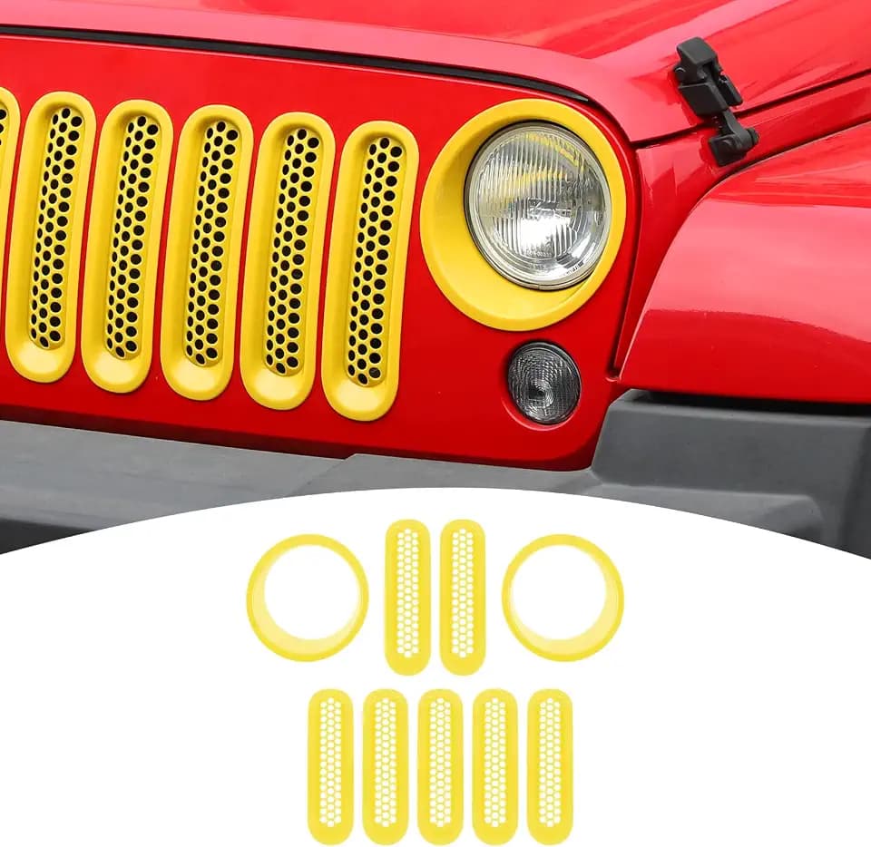 for Jeep JK Front Grille Inserts & Headlight Cover Trim Ring for Jeep Wrangler JK JKU 2007-2017 Yellow Exterior Accessories 9pcs