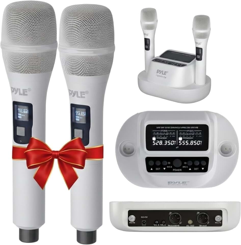 Pyle Karaoke Microphone Set - Wireless Microphones with UHF 2x100 Channel Receiver, High-Fidelity Sound, Anti-Jamming, Rechargeable Mics for Music Lovers - Microfonos Inalambricos Professional