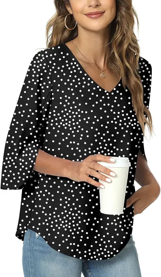 TAOHUADAO Womens 2026 Summer 3/4 Sleeve Tunic Tops Chiffon Work Blouse V-Neck Dressy Casual Shirt