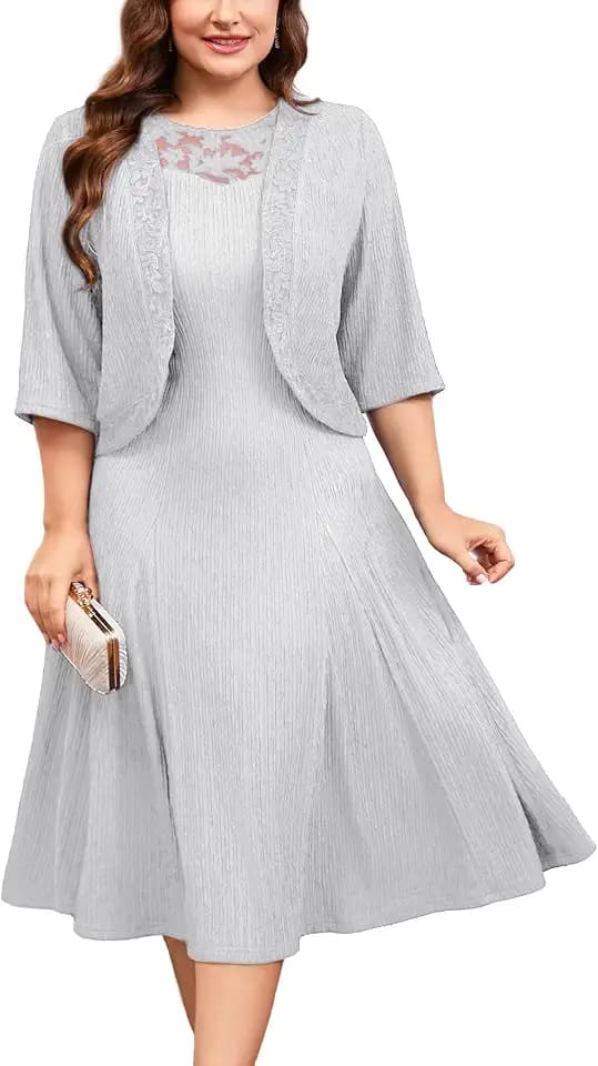 ZOMVA Plus Size Mother of The Bride Groom Dresses for Curvy Women 2 Piece Wedding Guest Dress with Jacket Tea Length