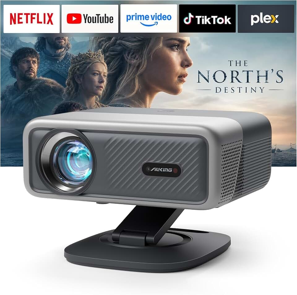 [4600 ANSI & 60W Dolby Audio] 4K Projector with WiFi and Bluetooth,TOF Real-Time Auto Focus Overhead Projector, AuKing Outdoor Movie Home Proyector with Omni-Adjustable Stand(silver grey)