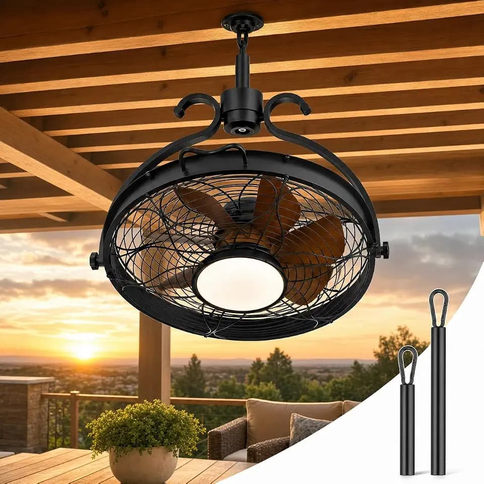 Outdoor Ceiling Fan with Light, 23.6" Weatherproof Gazebo Fan with Hanging Hook, Ultra Quiet DC Motor Black Caged Plug in Patio Ceiling Fan Downrod Mount for Pavilion Poolside Porch Pergola