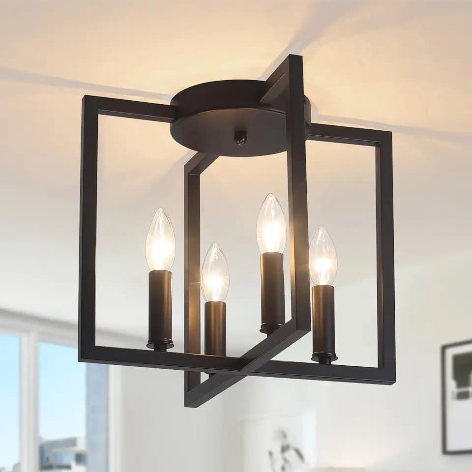 Semi Flush Mount Ceiling Light Fixture, 4-Light Black Ceiling Light Fixture, Modern Farmhouse Industrial Close to Ceiling Lights for Kitchen Living Room Bedroom Hallway Foyer