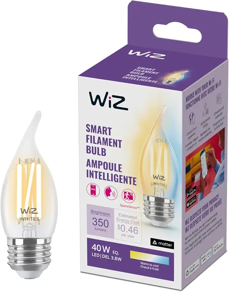 WiZ Clear 40W BA11 Tunable White Filament LED Smart Candle-Shaped Bulb - Pack of 1 - E26- Indoor - Connects to Your Existing Wi-Fi - Control with Voice or App - Matter Compatible