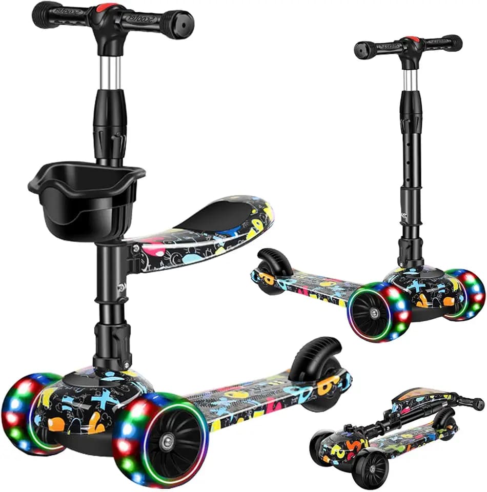 2-in-1 Kick Scooter for Kids Ages 3-8, Adjustable Height Foldable Scooter Removable Seat, 3 LED Light Wheels, Outdoor Activities for Toddlers Boys Girls