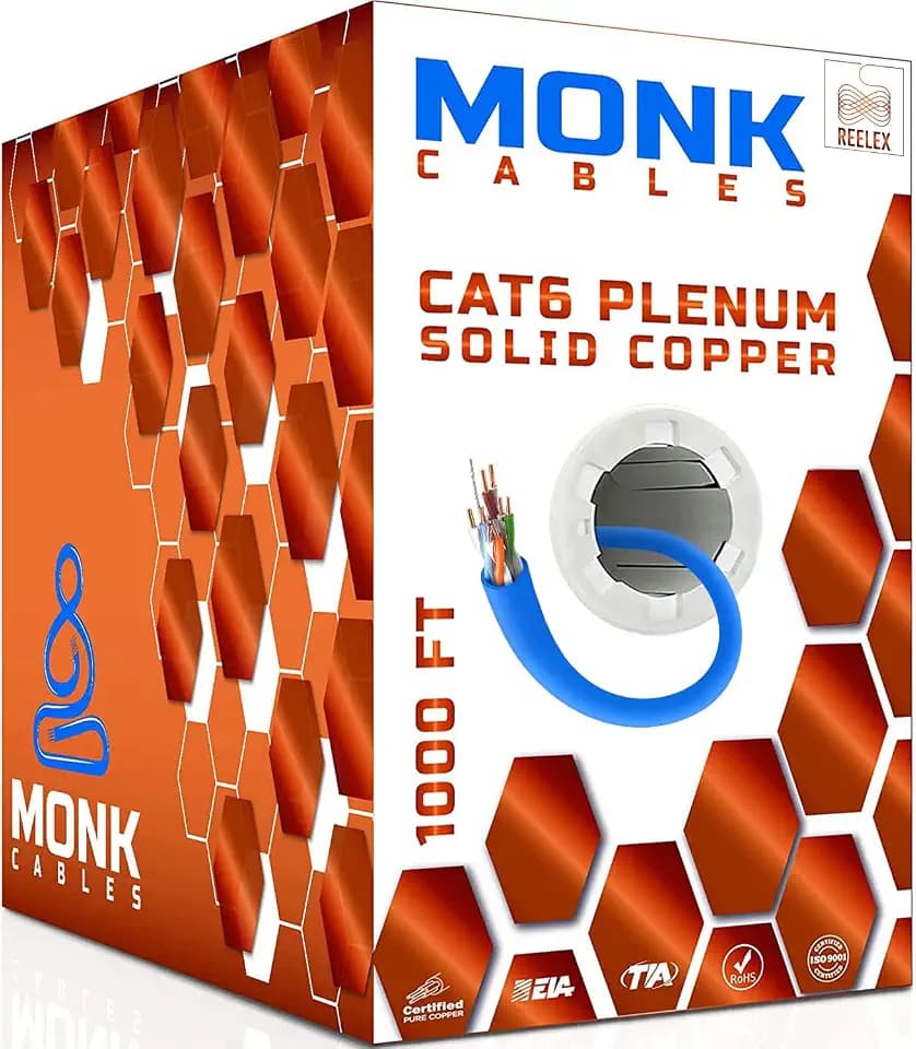 MONK CABLES | CAT 6 Ethernet Cable 1000ft | 100% Pure Bare Solid Copper Cat 6 Cable | 23AWG UTP CMP Rated Plenum | 550MHz, 10Gbps & PoE++ LAN | DSX-8000 Tested | Cat6 Bulk Ethernet Cable | Blue