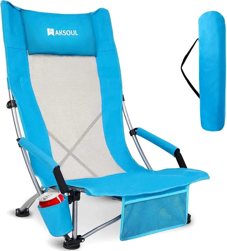 High Back Low Beach Chair: Folding Lightweight Chairs with Packable Bag for Adults - Portable Wide-Seat Sand Chair with Carry Bag, Ultra-Light for Beach, Camping