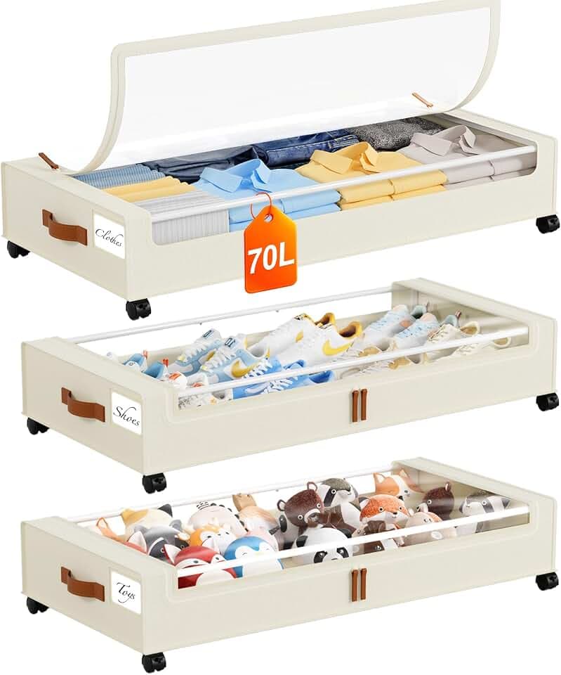 Yecaye 70 L Under Bed Storage with Wheels, 3 Pack Larger Capacity Under Bed Storage Containers, Underbed Shoe Storage Organizer, Rolling Under Bed Metal Drawers for Clothes, Blankets, Beige