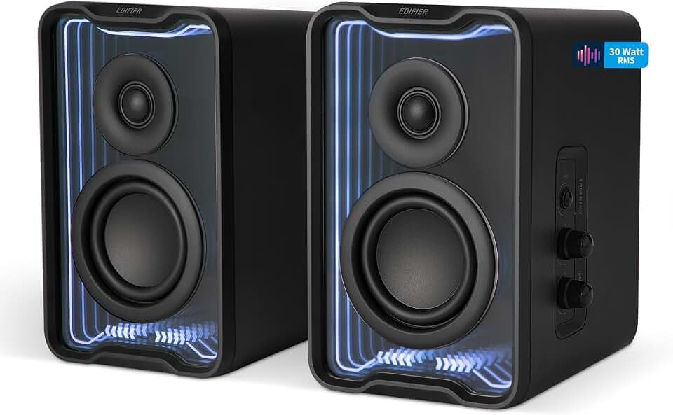Edifier QR30 Aktiver Desktop-Lautsprecher mit Bluetooth V5.4, dynamische Lichteffekte – 30 Watt RMS – Schwarz