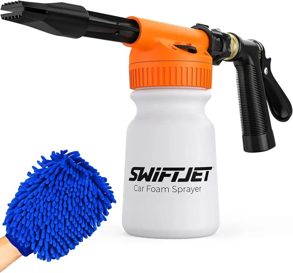 SwiftJet Autowaschschaumpistole + Mikrofaser-Waschhandschuh – Auto-Schaumsprüher – Autowaschset – Schaumkanone Gartenschlauchsprüher – Autozubehör für Herren – Schneeschaum-Blaster (orangefarbene