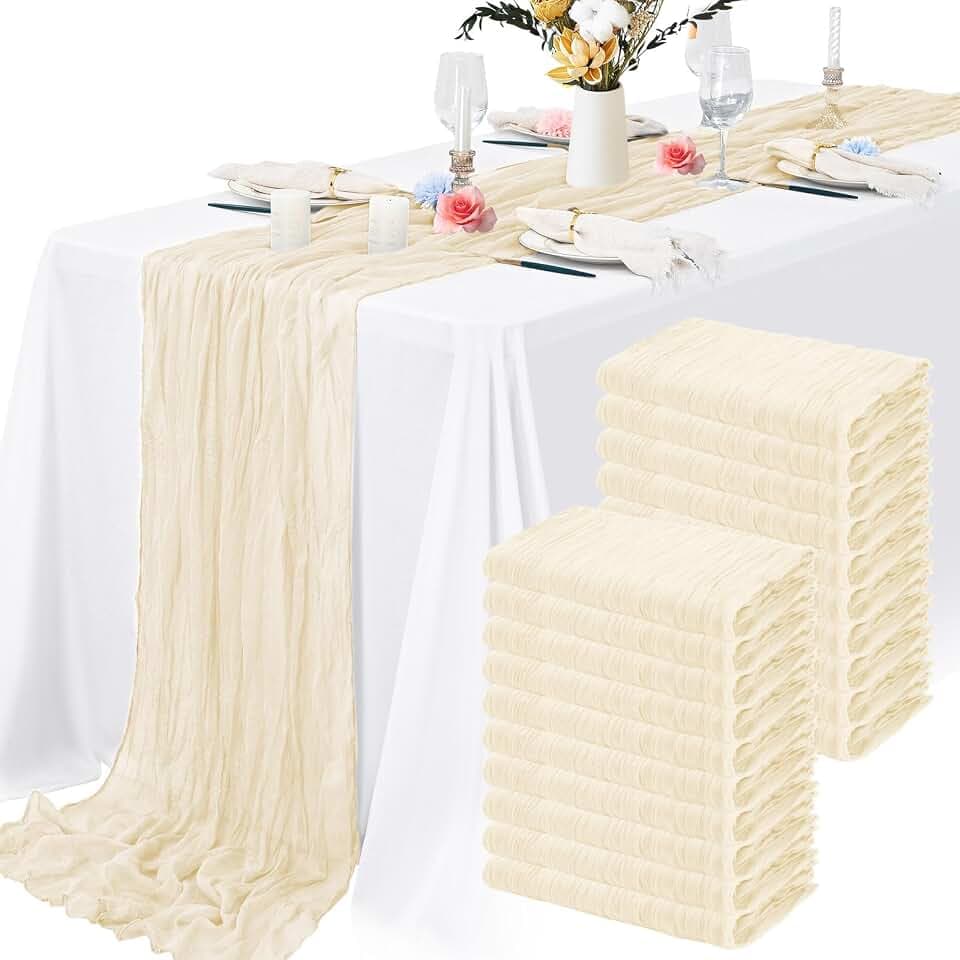 8 Pack Ivory Cheesecloth Table Runner 10FT Long Boho Gauze Fabric Table Runner Vintage Rustic Sheer Runners for Wedding Party Bridal Baby Shower Table Decorations