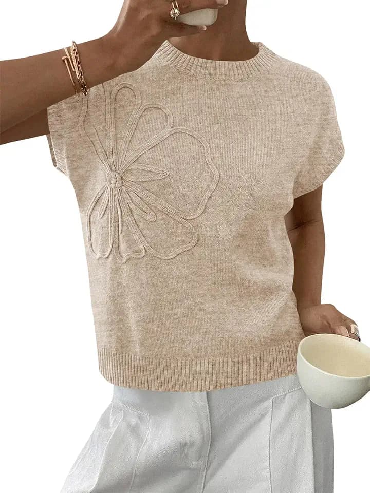 Saodimallsu Womens Short Sleeve Floral Summer Sweater Lightweight Knit Tops