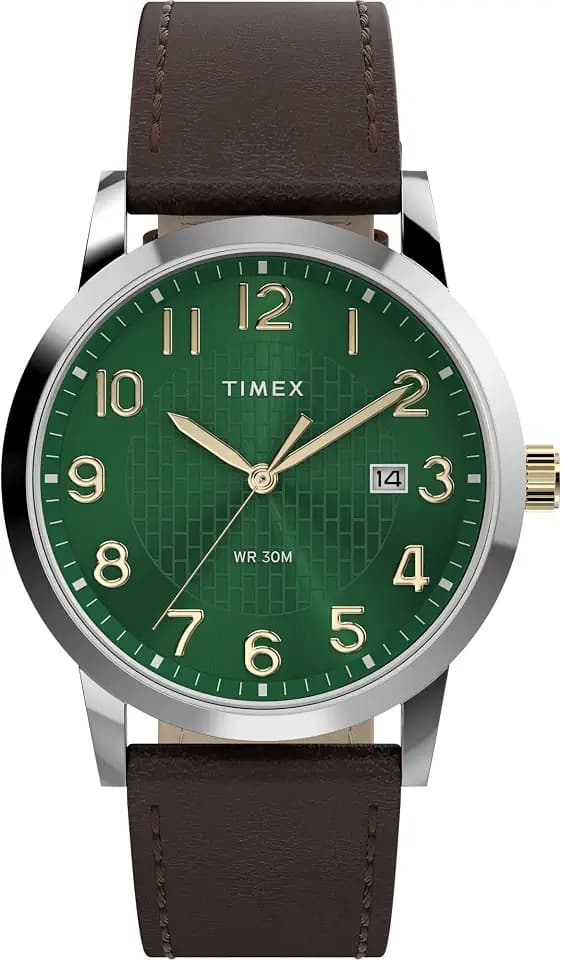 Timex Men's Main Street 38mm Watch - Brown Strap Green Dial Silver-Tone Case