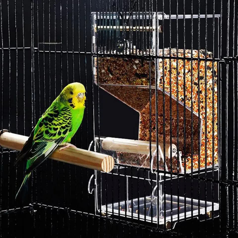 Automatic Bird Feeder, No Mess, Transparent Acrylic, Reducing Waste, Bird Cage Accessories for Parakeet, Canary, Cockatiel, Finch, Conure (Medium)