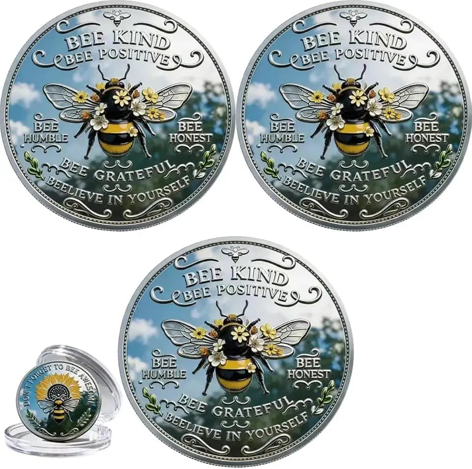 Bee Kind Positivity Commemorative Coin,Bee Kind Bee Happy Challenge Coin - Don't Forget to Bee Awesome Token,Double-Sided Inspirational Bee Toke - Encouragement Gift for Friends & Family (3pcs)