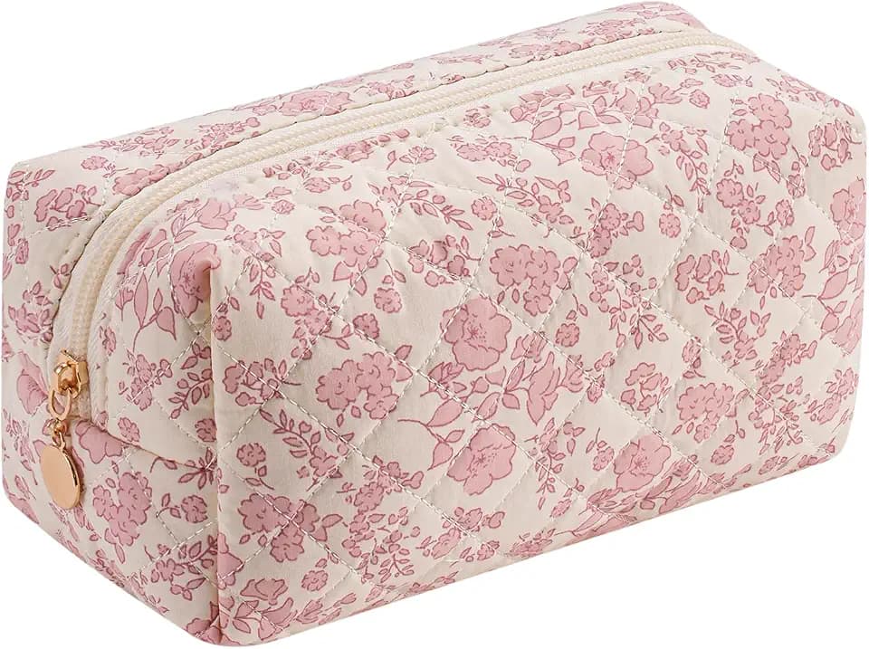 Cute Square Floral Cotton Makeup Cosmetic Bag for Women Girls, Travel Quilted Zipper Make Up Bag, Square Flowers Organizer Case Kawaii Makeup Cosmetic Travel Cloth Pouch (Pink Floral)