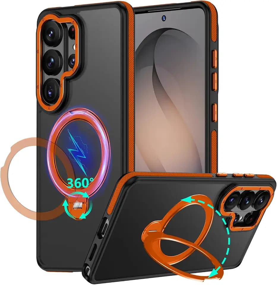 TIANNIUKE Magnetic Case for Samsung Galaxy S26 Ultra Case 360 Spin Kickstand Holder, Magnetic Ring Stand,Fit for MagSafe Mil-Grade Shockproof Translucent Matte Phone Cases (Orange)