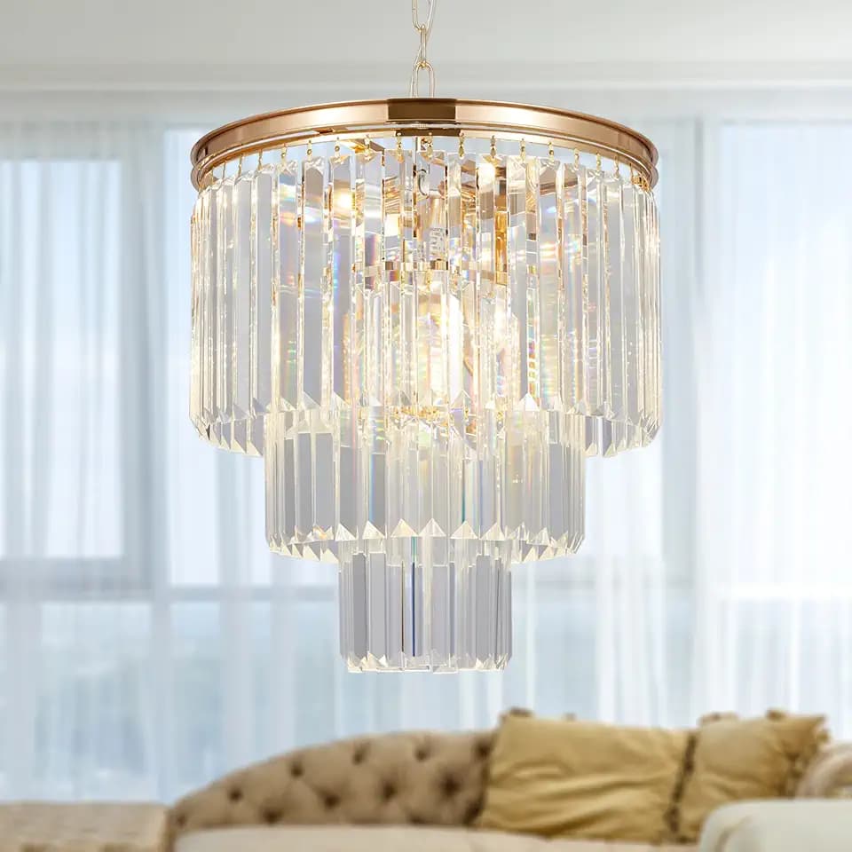 6 Lights 3-Tier Gold Crystal Chandelier, Modern Raindrop Large Chandeliers Light,Ceiling Lighting Fixture with Adjustable Chain for Dining Room Living Room Bedroom,D15.75 X H17.32